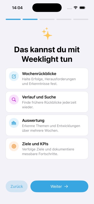 Weeklight Intro mit Wochenrückblicken, Suche, Auswertung sowie Zielen und KPIs